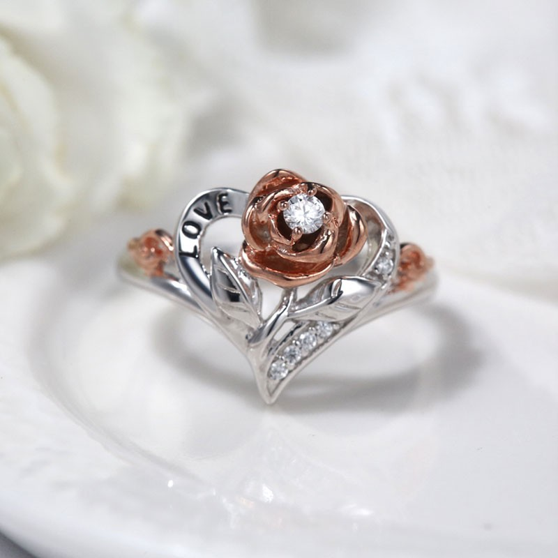 Black Flower Rose Promise Ring For Women In Heart Shaped