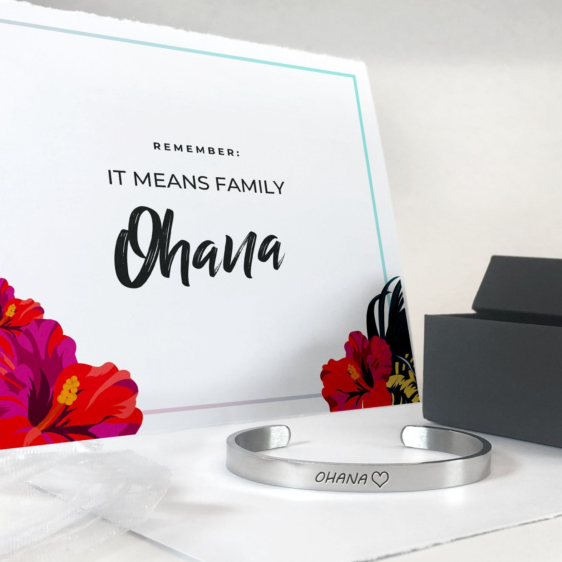 Ohana bracelet in silver with a gift box, bag, and card in the background