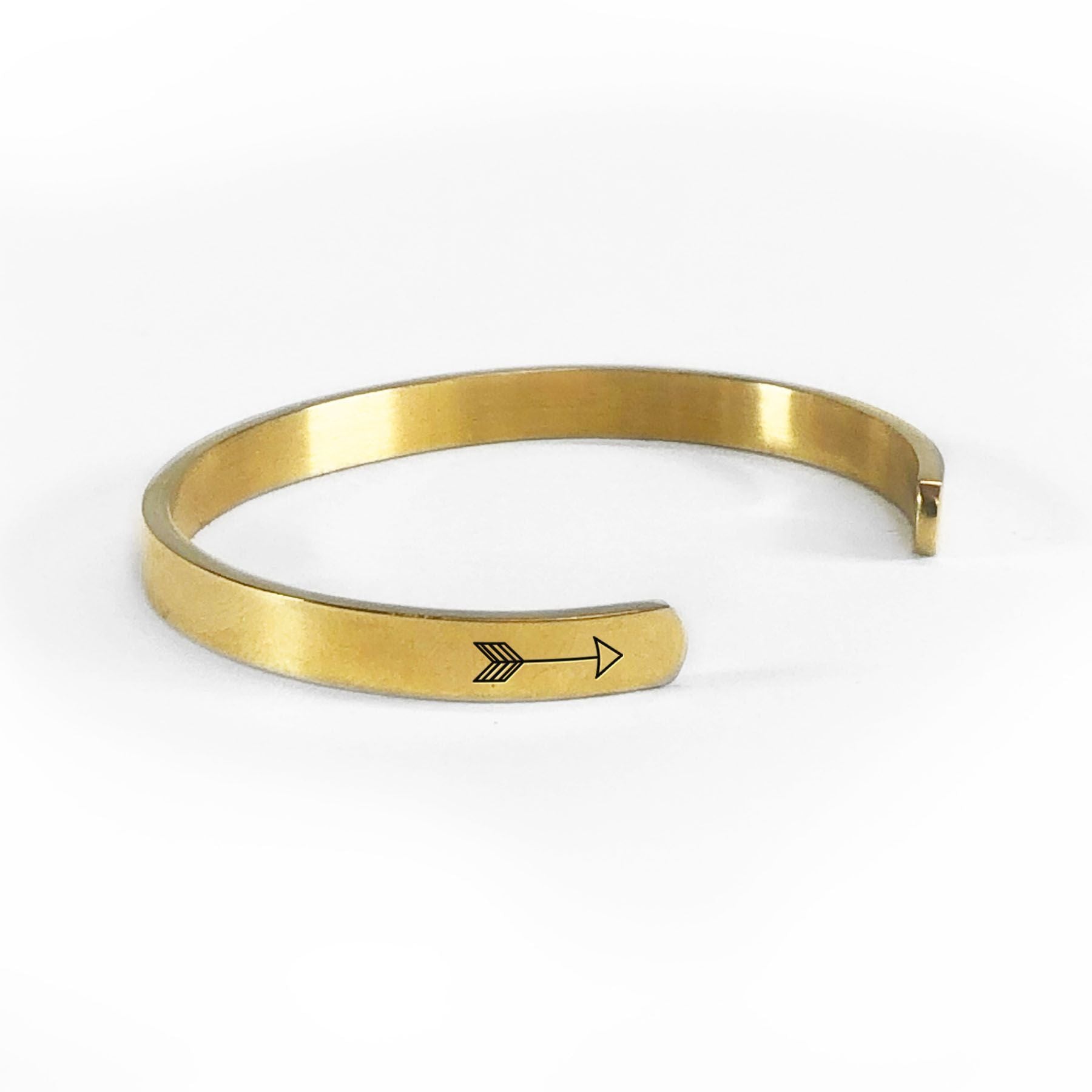 Kind heart, fierce mind, brave spirit bracelet with gold plating rotated to show arrows and cuff opening