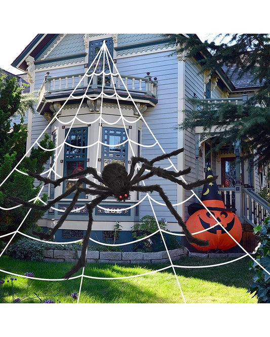 200" Halloween Spider Web + 59" Giant Spider Decorations Fake Spider