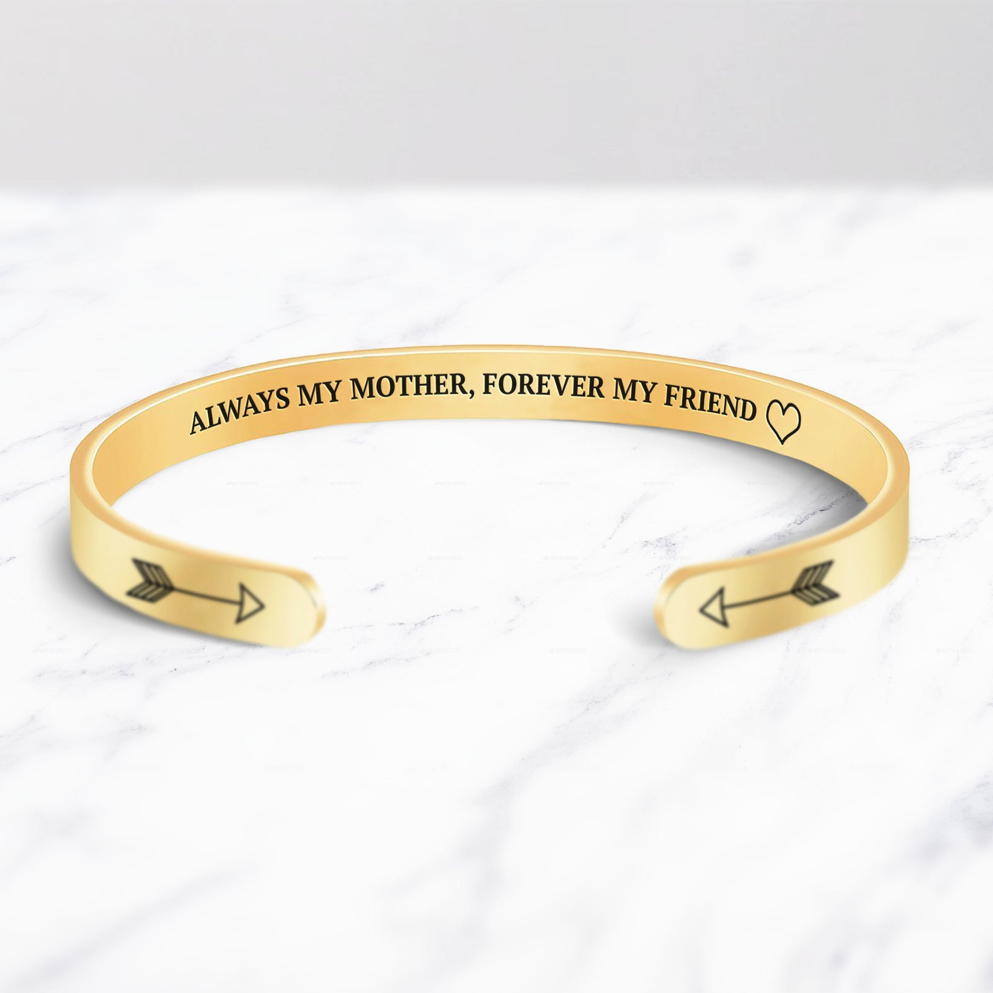 Always My Mother, Forever My Friend Cuff Bracelet bracelet with gold plating on a marble background