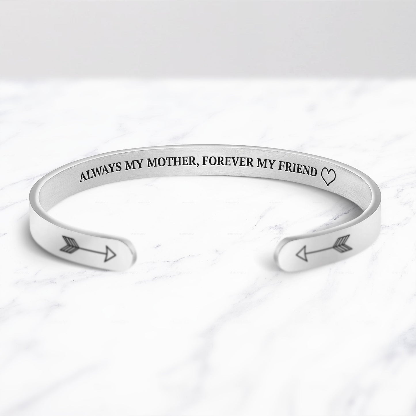 Always My Mother, Forever My Friend Cuff Bracelet bracelet with silver plating on a marble background