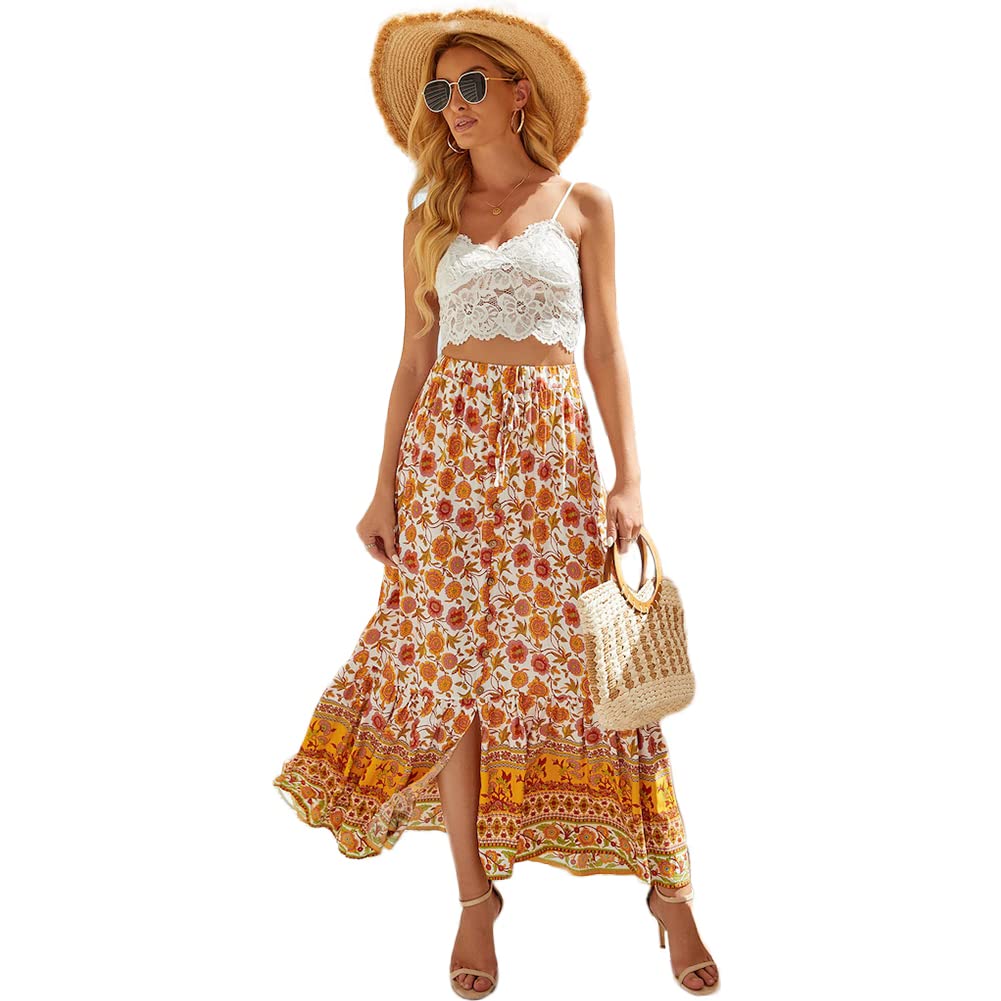 Women's Boho Vintage Floral Print Skirts Elastic High Waist A Line Ruffle Pleated Midi Skirt Front Button Summer Beach Skirt