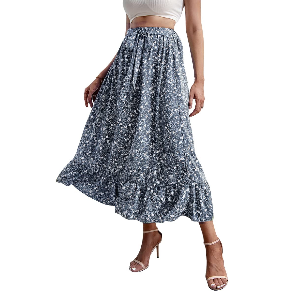 Summer Women's Floral High Waist Boho Skirt A-Line Midi Skirt Chiffon Beach Long Skirts Sweet and Fresh Ruffle Hem Skirt
