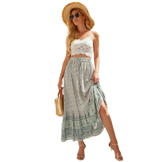 Women's Boho Vintage Floral Print Skirts Elastic High Waist A Line Ruffle Pleated Midi Skirt Front Button Summer Beach Skirt