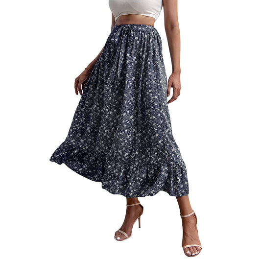 Summer Women's Floral High Waist Boho Skirt A-Line Midi Skirt Chiffon Beach Long Skirts Sweet and Fresh Ruffle Hem Skirt